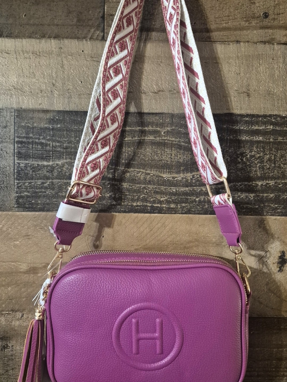 Letter H Pink Leather Crossbody Bag with Patterned Strap
